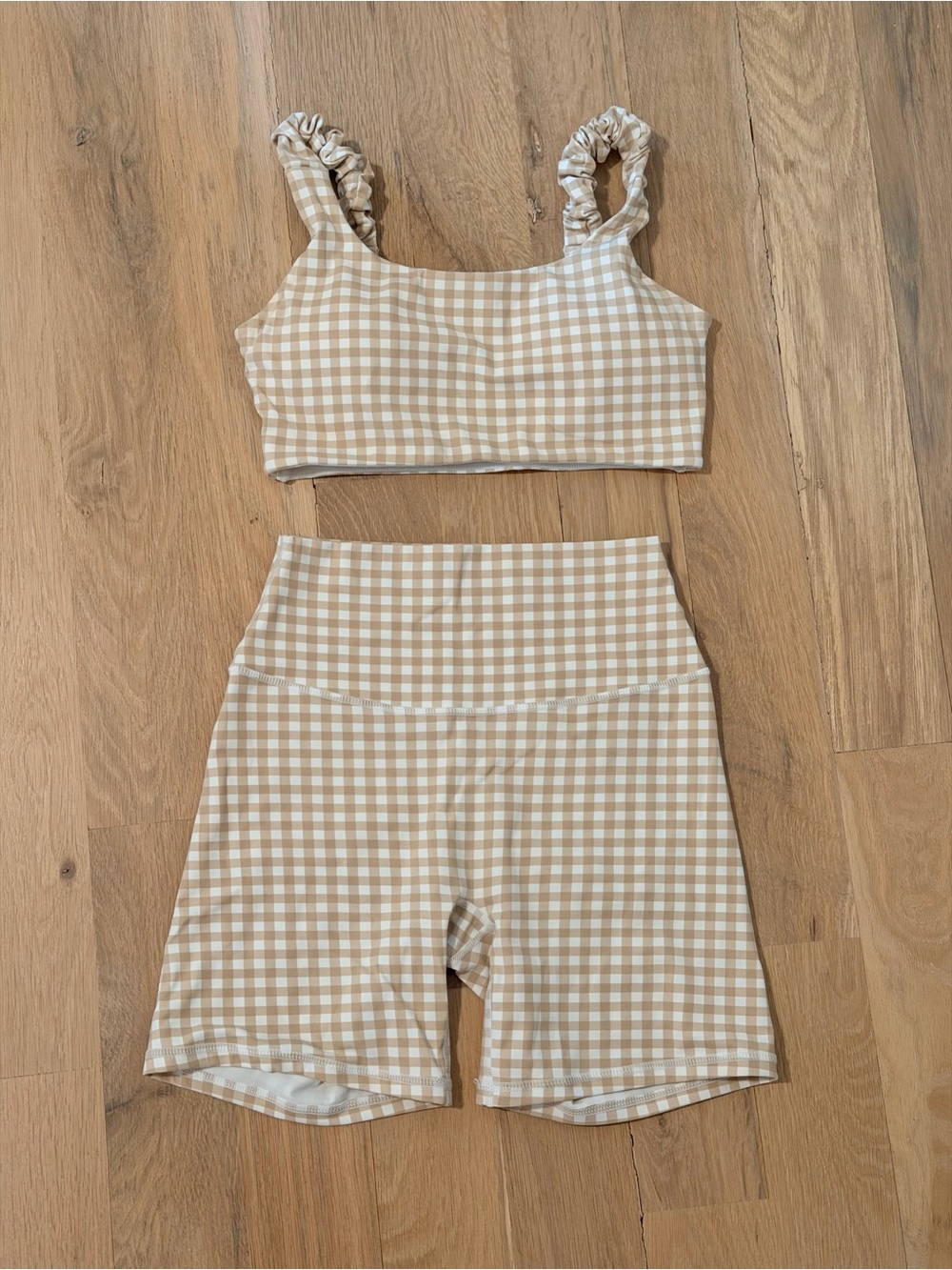 Astoria Activewear - TWO PIECE SET Beige Gingham Bike Shorts and Crop Top